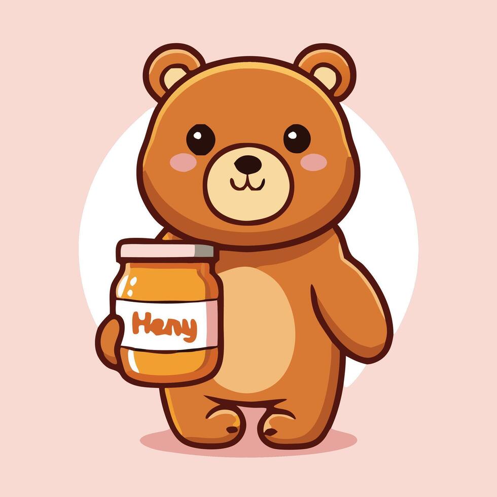 Cute Cartoon Bear Holding A Jar Of Honey Illustration vector