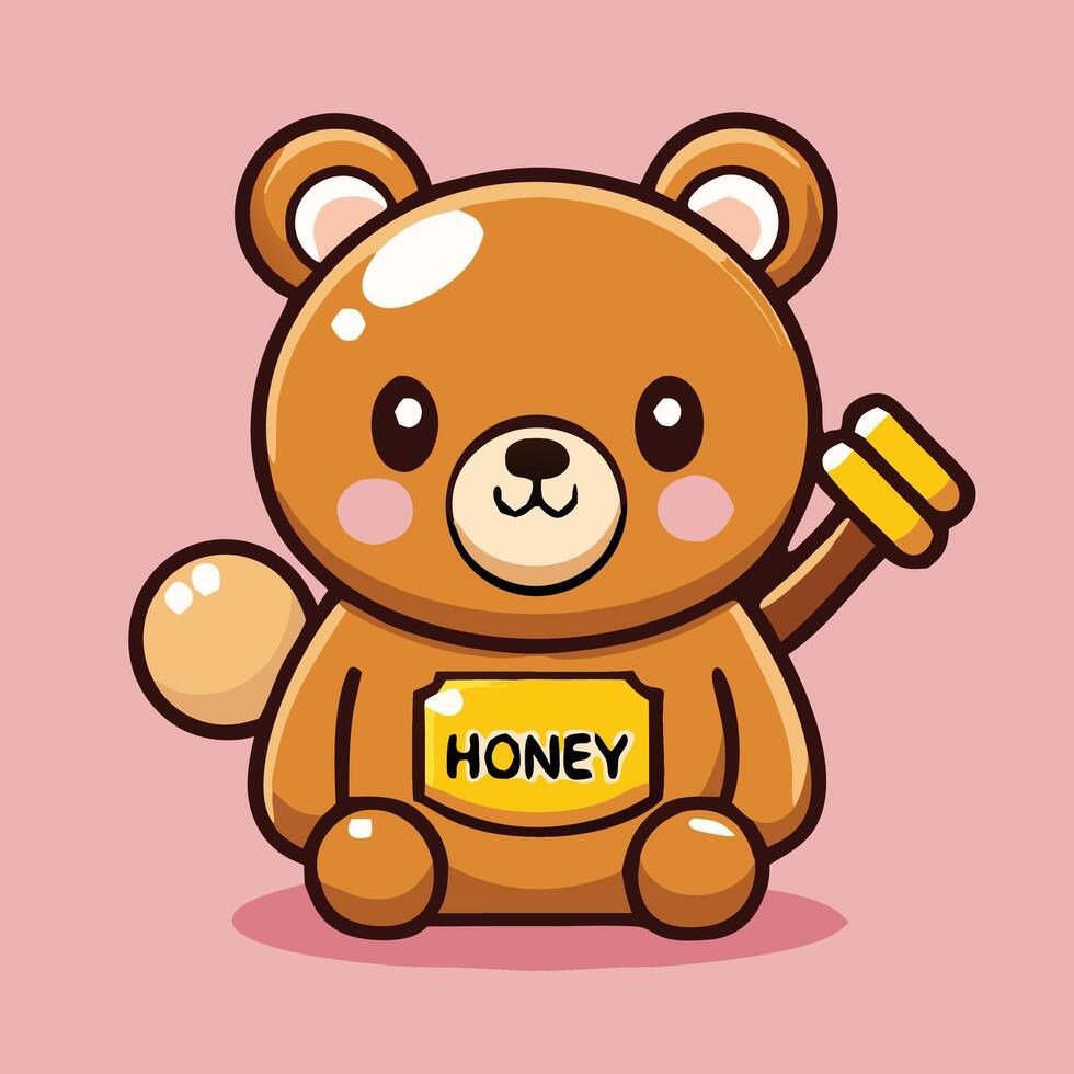 Adorable Cartoon Bear Honey Pot Character Holding Dipper Illustration vector