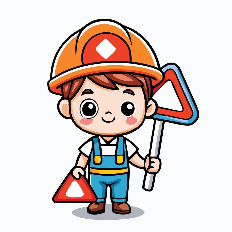 Cute Cartoon Construction Worker With Warning Signs Isolated On White Background vector