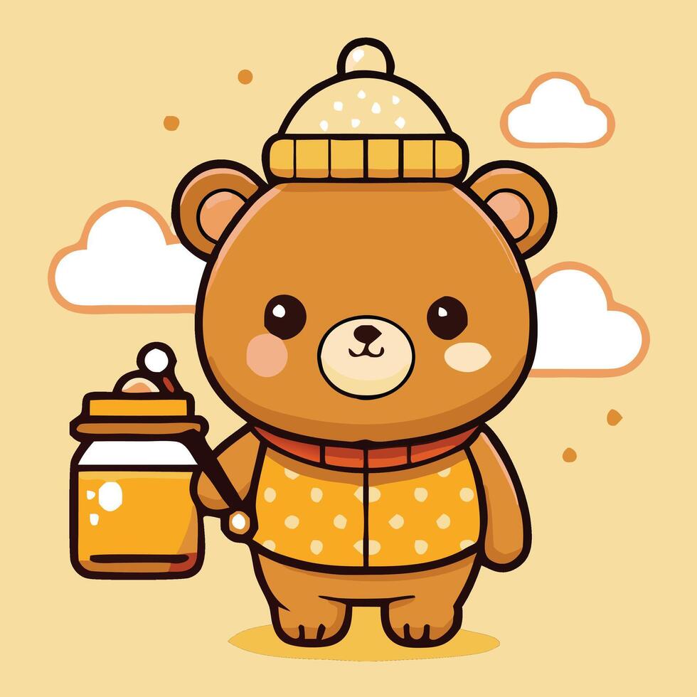 Cute Cartoon Bear With Honey Pot Wearing Beanie And Polka Dot Clothes vector