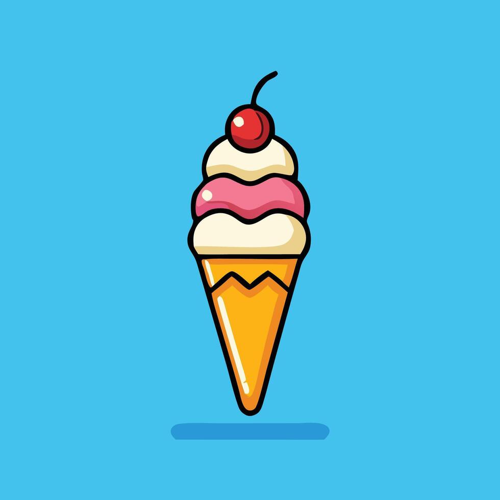 Cartoon Ice Cream Cone With Cherry Topping On A Blue Background vector