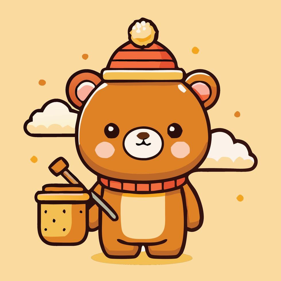 Cute Cartoon Bear With Honey Pot And Hat On Cream Background vector