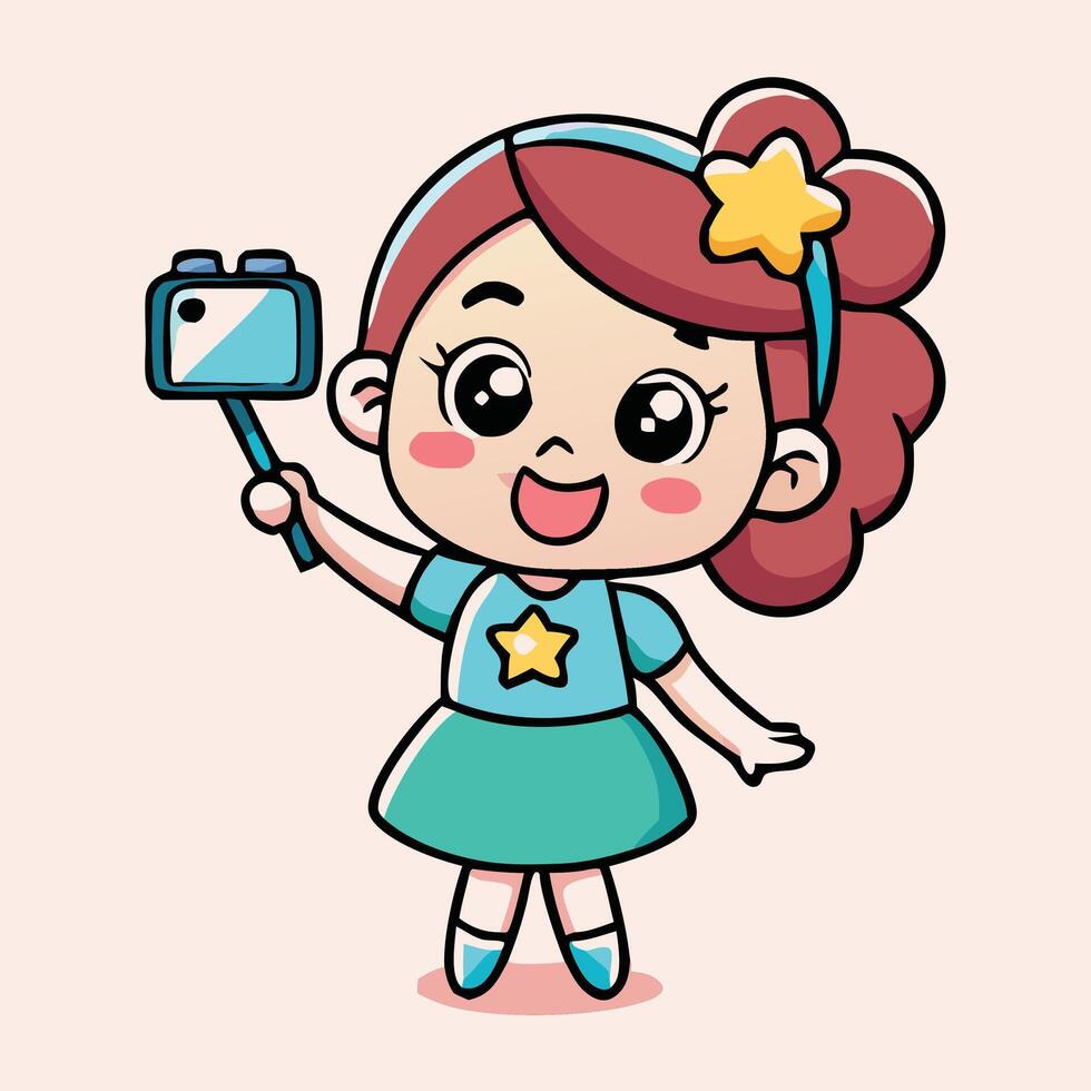 Cute Cartoon Girl Taking Selfie With A Camera Character Illustration Design vector
