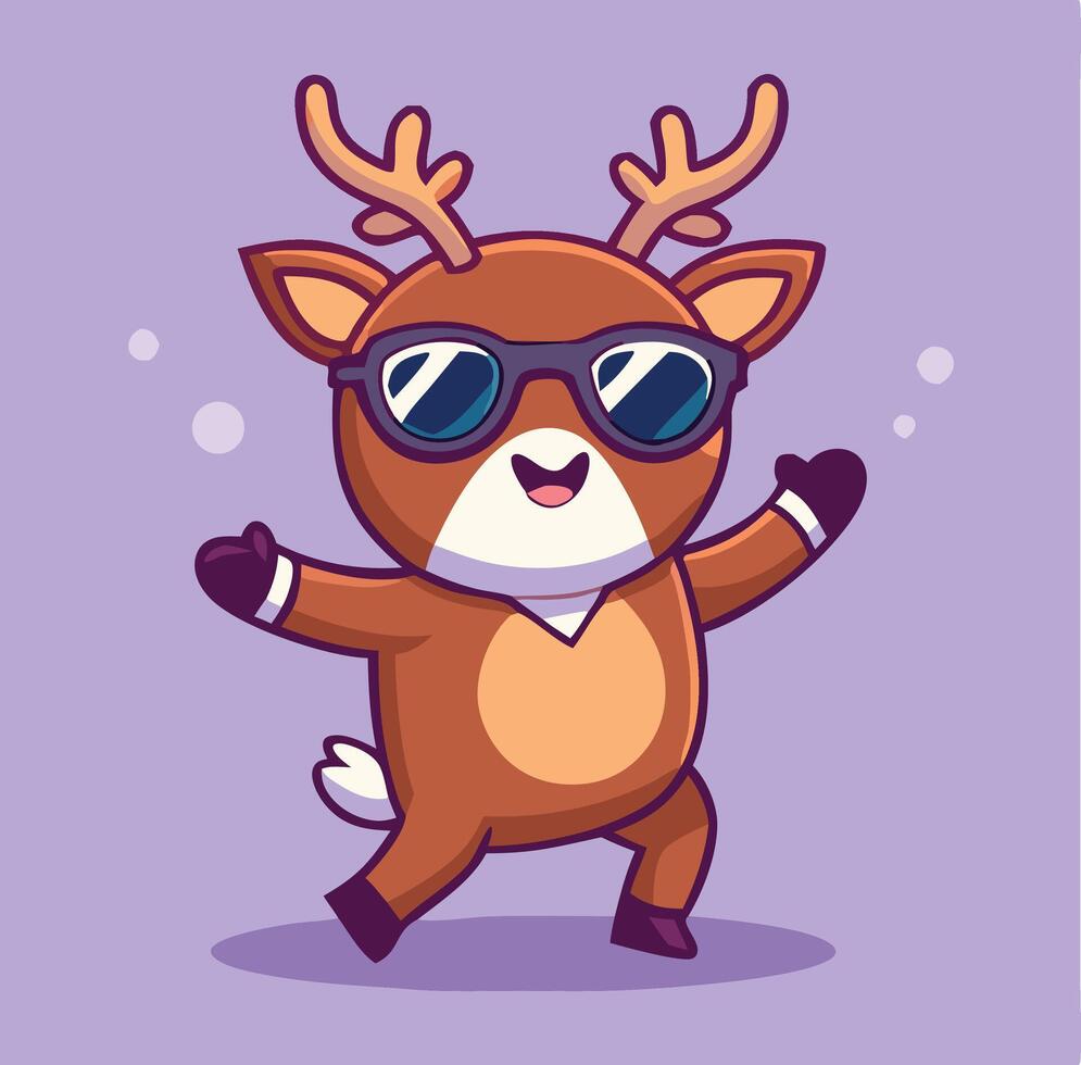 Cool Cartoon Reindeer With Sunglasses Dancing On A Light Purple Background vector