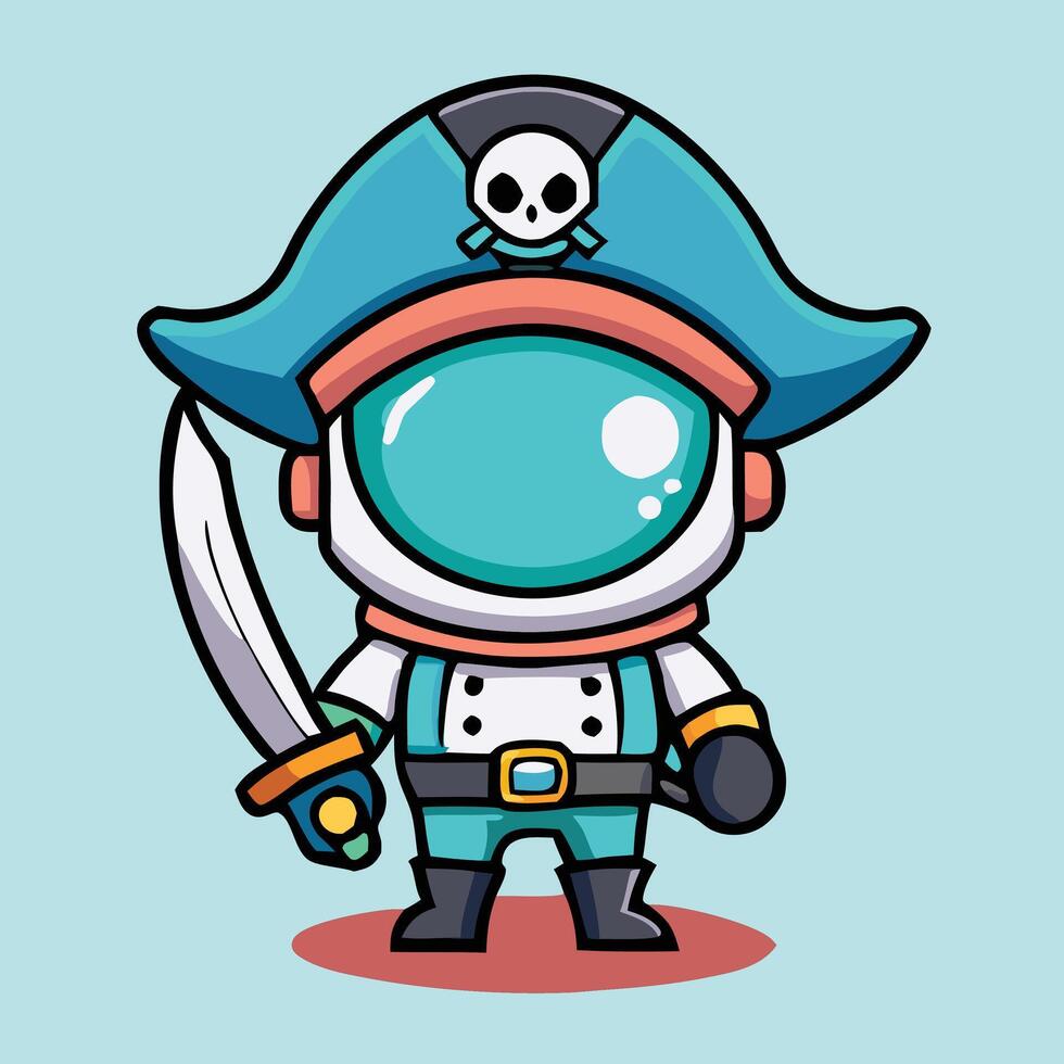 Cartoon Spaceman Pirate Character Holding Sword On Light Blue Background Illustration vector