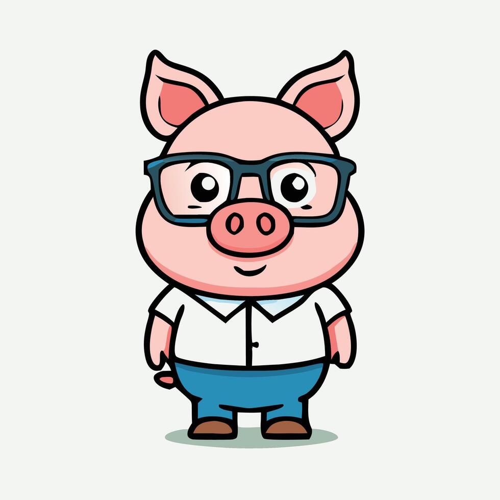 Cute Cartoon Pig Character Wearing Glasses And Casual Clothes Illustration Design vector