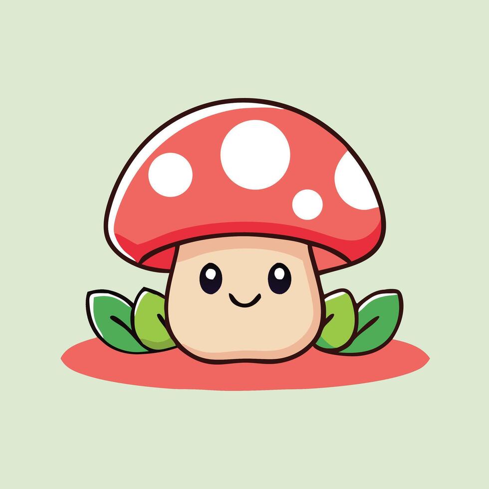 Cute Red Mushroom Cartoon Character With Smiling Face And Green Leaves Illustration vector