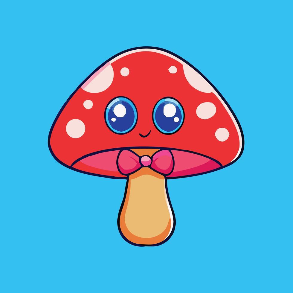 Cute Cartoon Mushroom Character With Big Eyes And Bow Tie On Blue Background vector