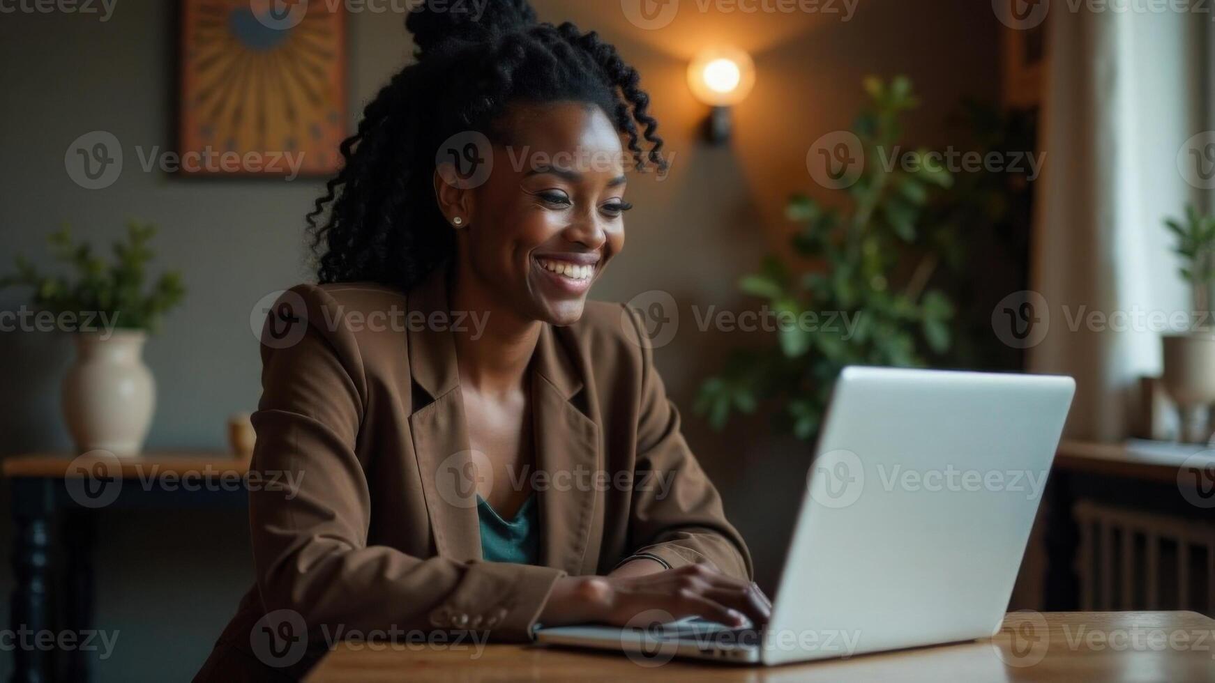 Golden sunlight streams through a large window, illuminating dust motes dancing in the air as a Black girl works at her computer photo