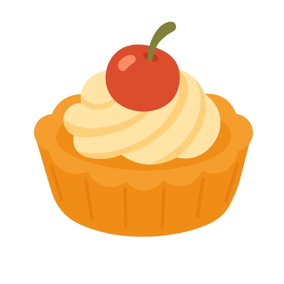 Cute cartoon tart with cream and cherry on top. Sweet dessert in flat style. vector