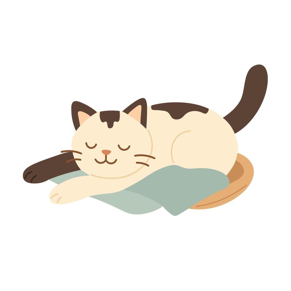 illustration of a spotted cartoon cat peacefully sleeping on a green pillow in basket. vector