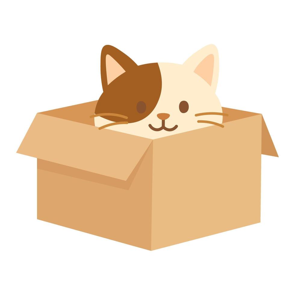 illustration of a cute spotted cat peeking from a brown cardboard box with smile. vector