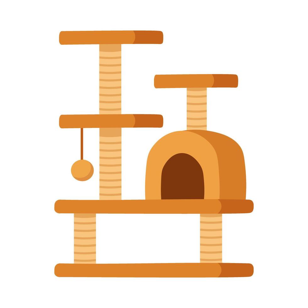illustration of a cartoon cat tree with scratching posts, soft house and hanging toy. vector