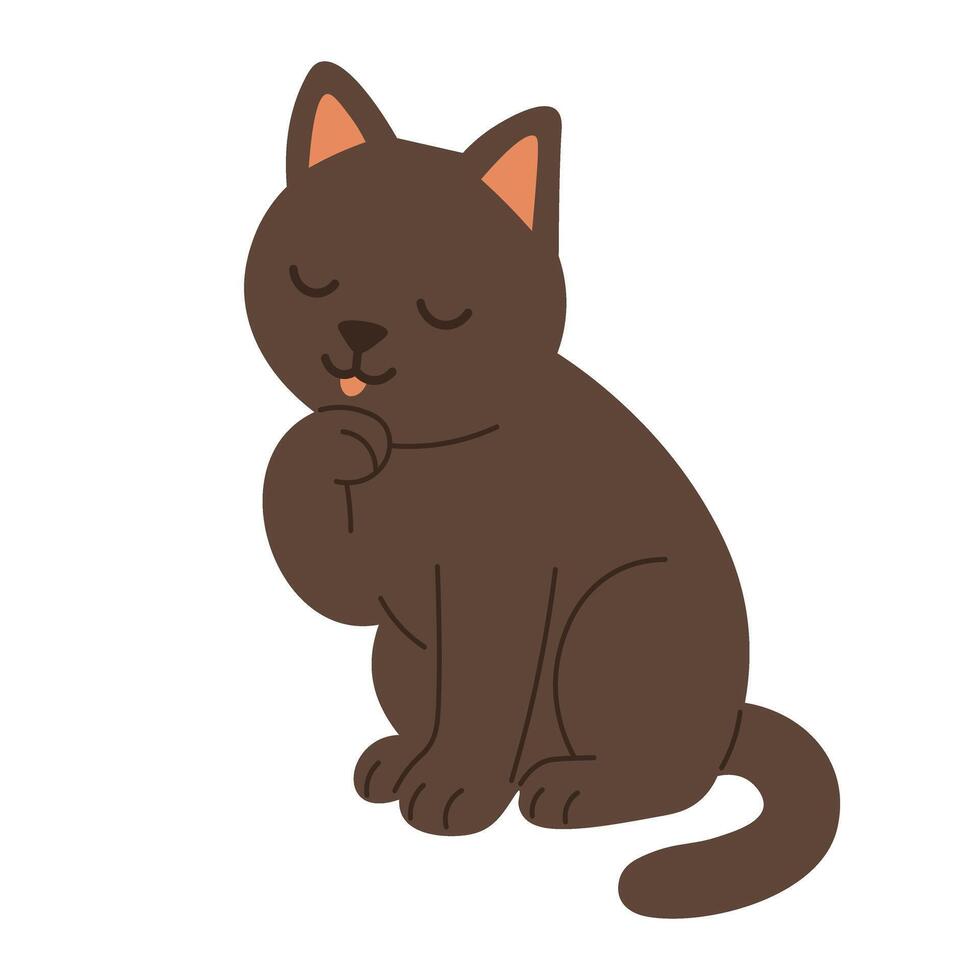 illustration of a dark brown cartoon cat sitting and licking its paw with closed eyes. vector