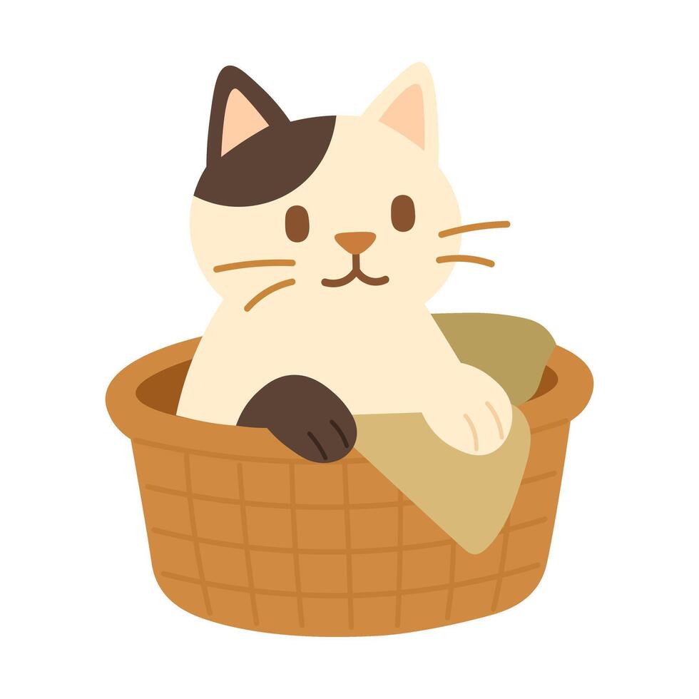 illustration of a spotted cat sitting in a soft basket with blanket and curious face. vector