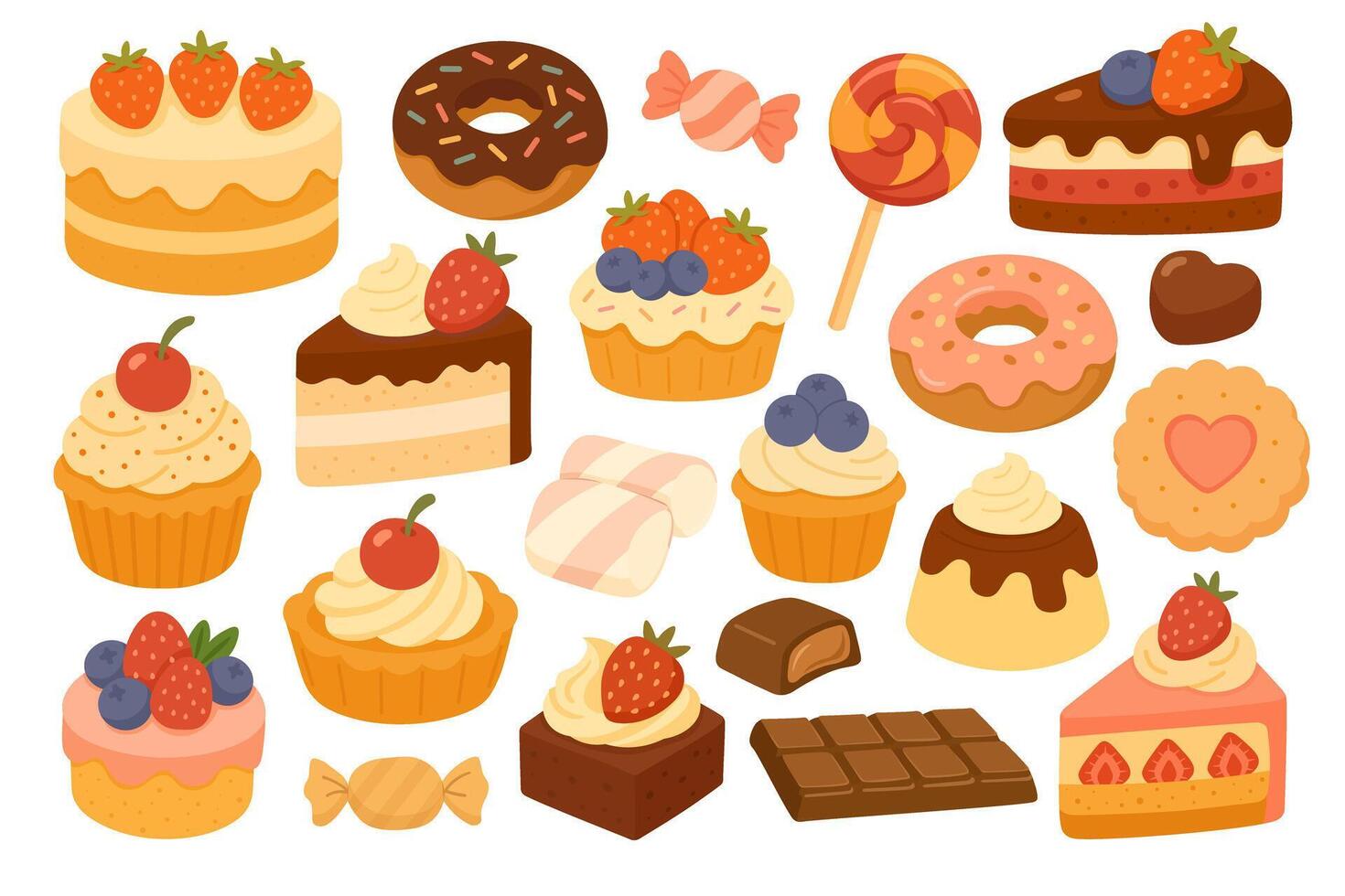 Cute cartoon desserts collection with cakes, donuts, cupcakes and candies. Flat illustrations for design. vector