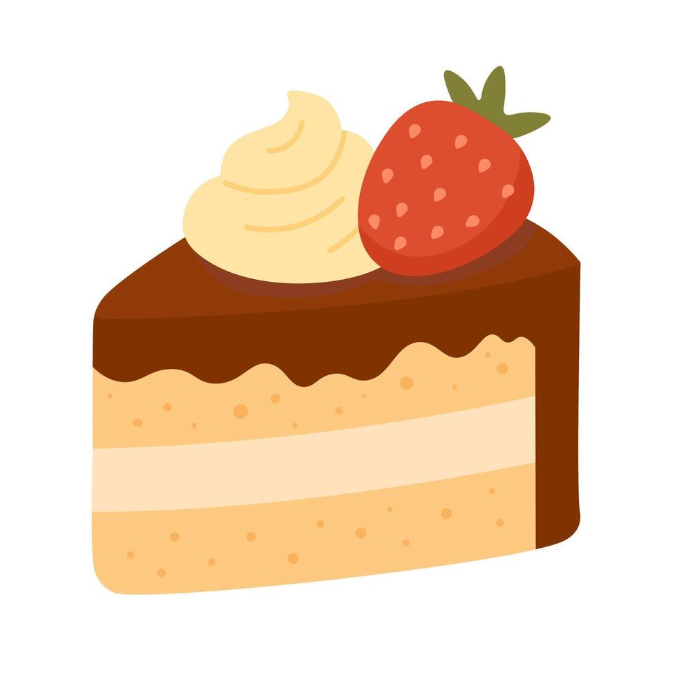 Cute cartoon cake slice with chocolate topping, cream and strawberry. Sweet flat style dessert. vector