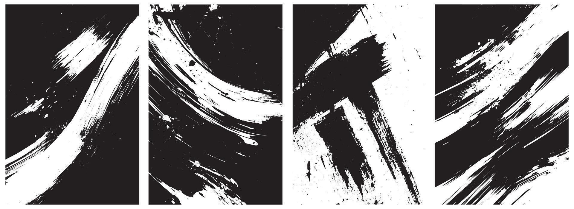 Dynamic Grunge Brush Stroke Set, Abstract Ink Splatters and Flowing Paint Textures on Black Background vector