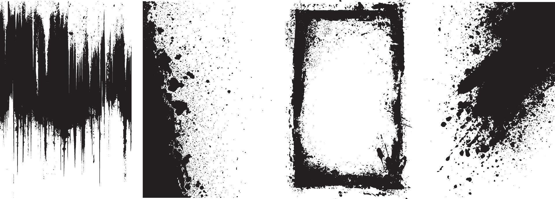 Grunge Ink Drips, Splatter, and Border Texture Set, Abstract Black Paint Overlays Collection vector
