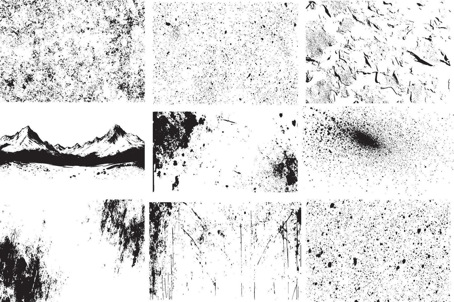 Abstract Ink Splatter Textures, Grunge Backgrounds, and Mountain Illustration for Creative Designs vector
