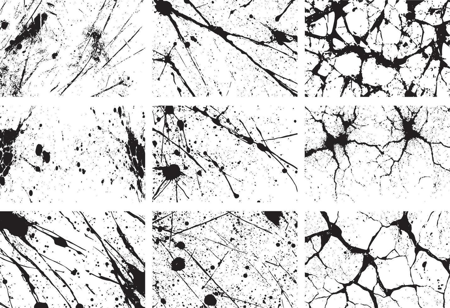 Abstract Black Ink Splatter and Crack Textures Set for Creative Designs vector