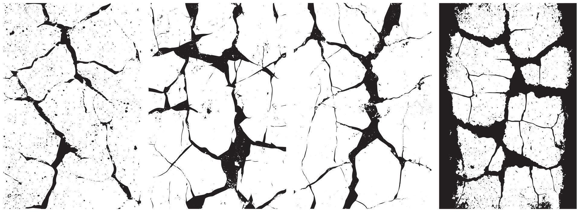 Cracked Earth and Grunge Wall Texture Pack, High Contrast Broken Surface Overlays for Distressed Design vector