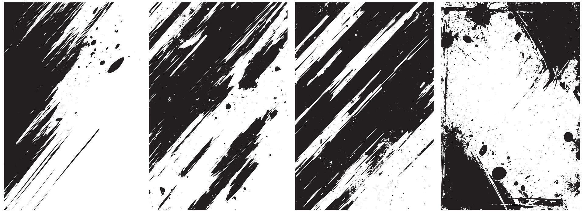 Grunge Ink Splatter and Brush Stroke Texture Set, Abstract Diagonal Paint Streaks in Black and White vector