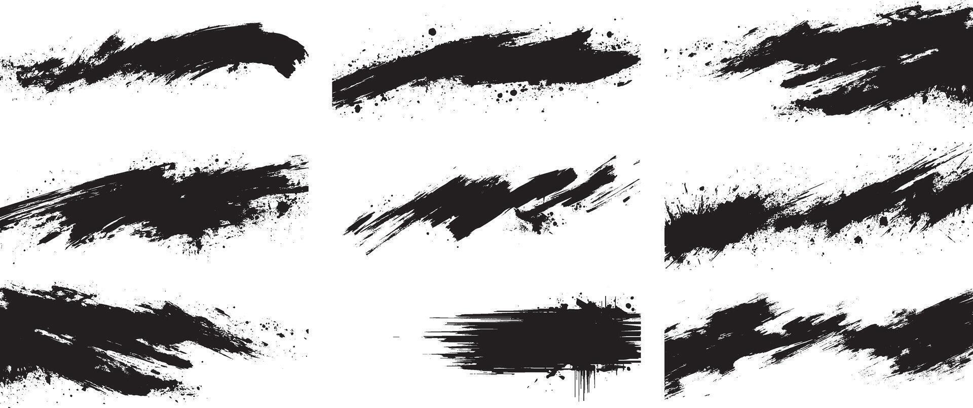 Grunge Ink Brush Stroke Set, Black Paint Smear and Splatter Texture Pack vector