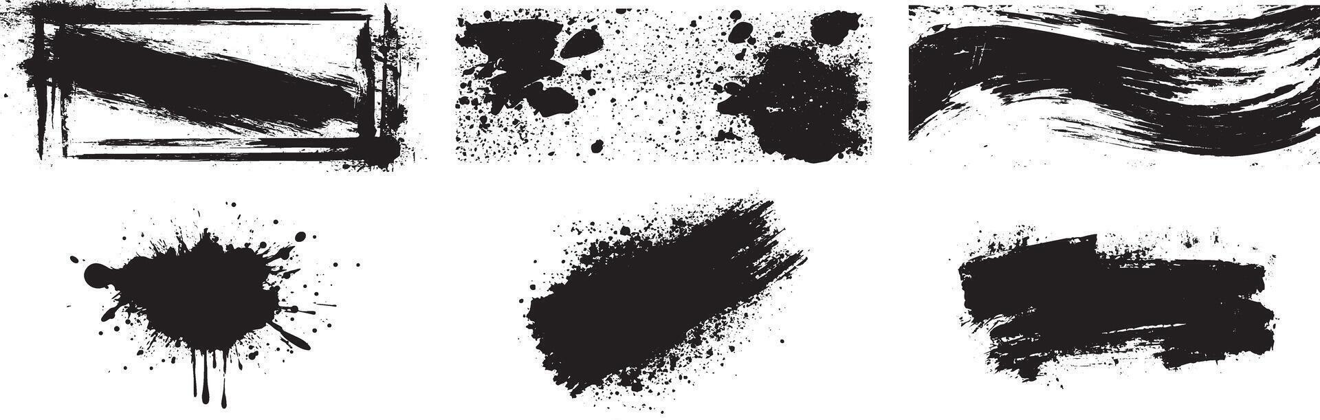 Abstract Grunge Brush Stroke and Ink Splatter Texture Set, Bold Black Paint Smear Elements vector
