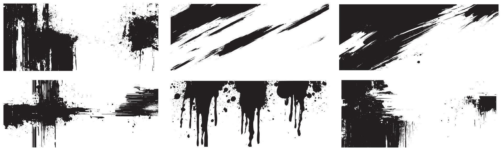 Grunge Ink Brush Strokes and Drips Texture Set, Abstract Black Paint Splatter Elements on White Background vector
