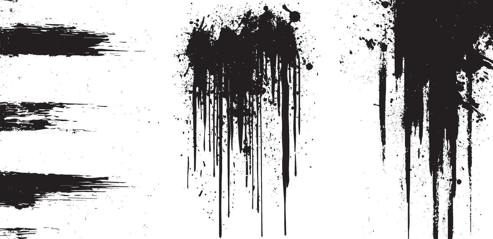 Grunge Dripping Ink and Brush Stroke Texture Set, Abstract Black Paint Splatter Overlays vector