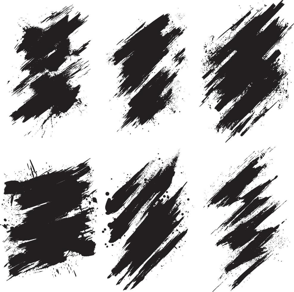Set of Grunge Brush Stroke Elements with Ink Splatter Texture, Abstract Black Paint Streaks vector