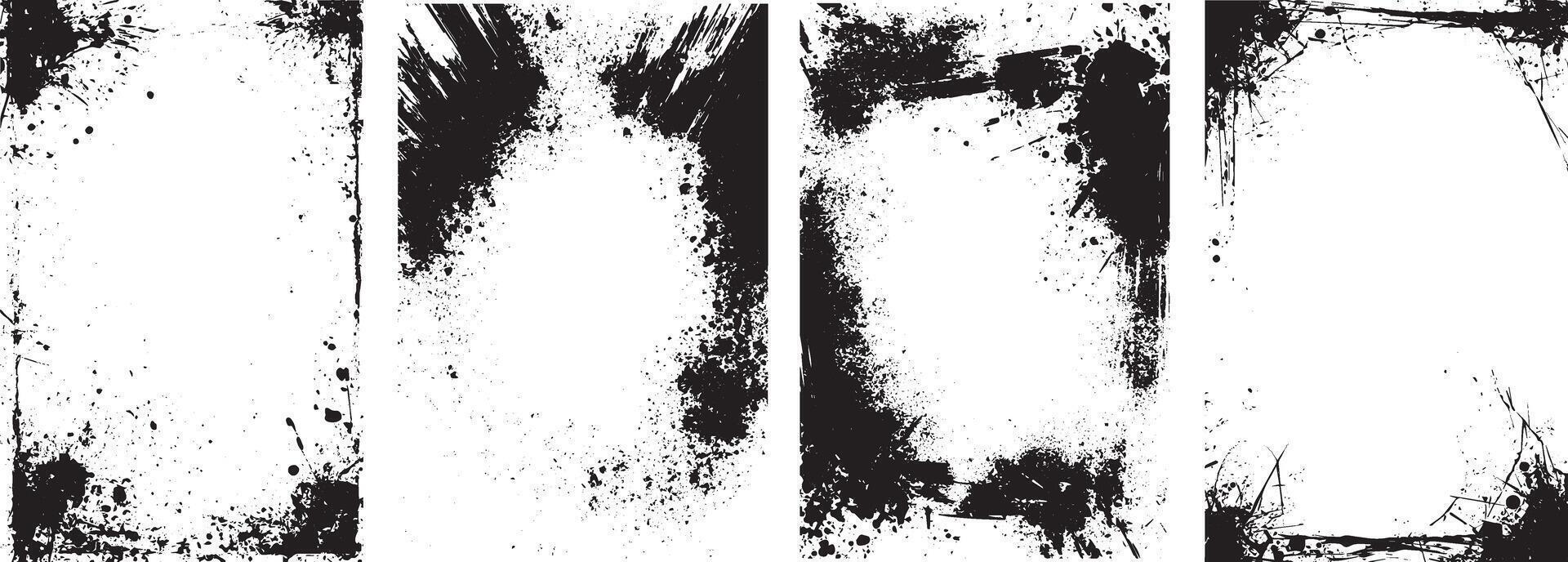 Set of Grunge Ink Splatter Borders, Abstract Black Frame Textures on White Background vector