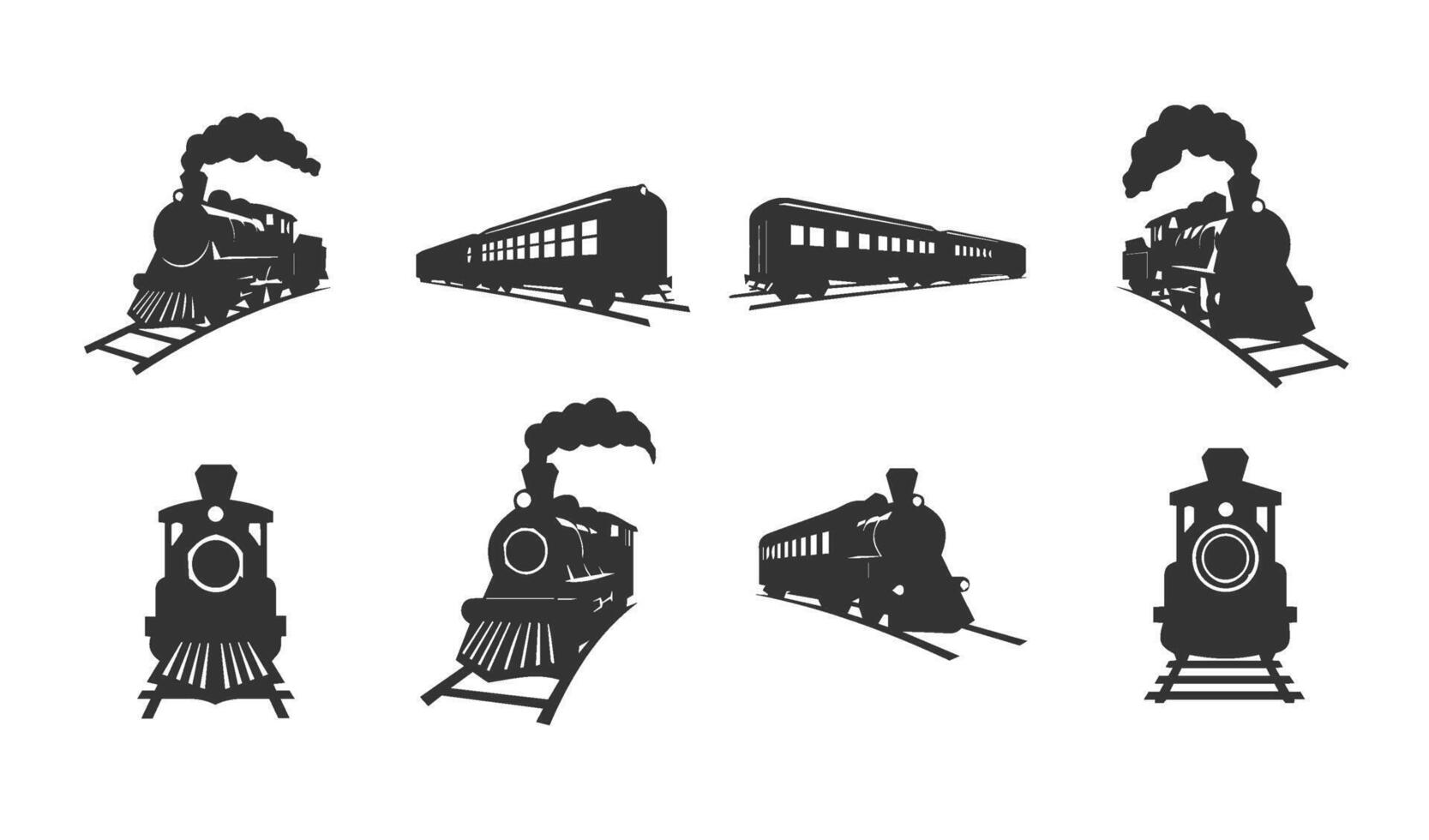 Stylish train silhouettes collection showcasing modern and vintage designs for creative graphic and digital art projects vector