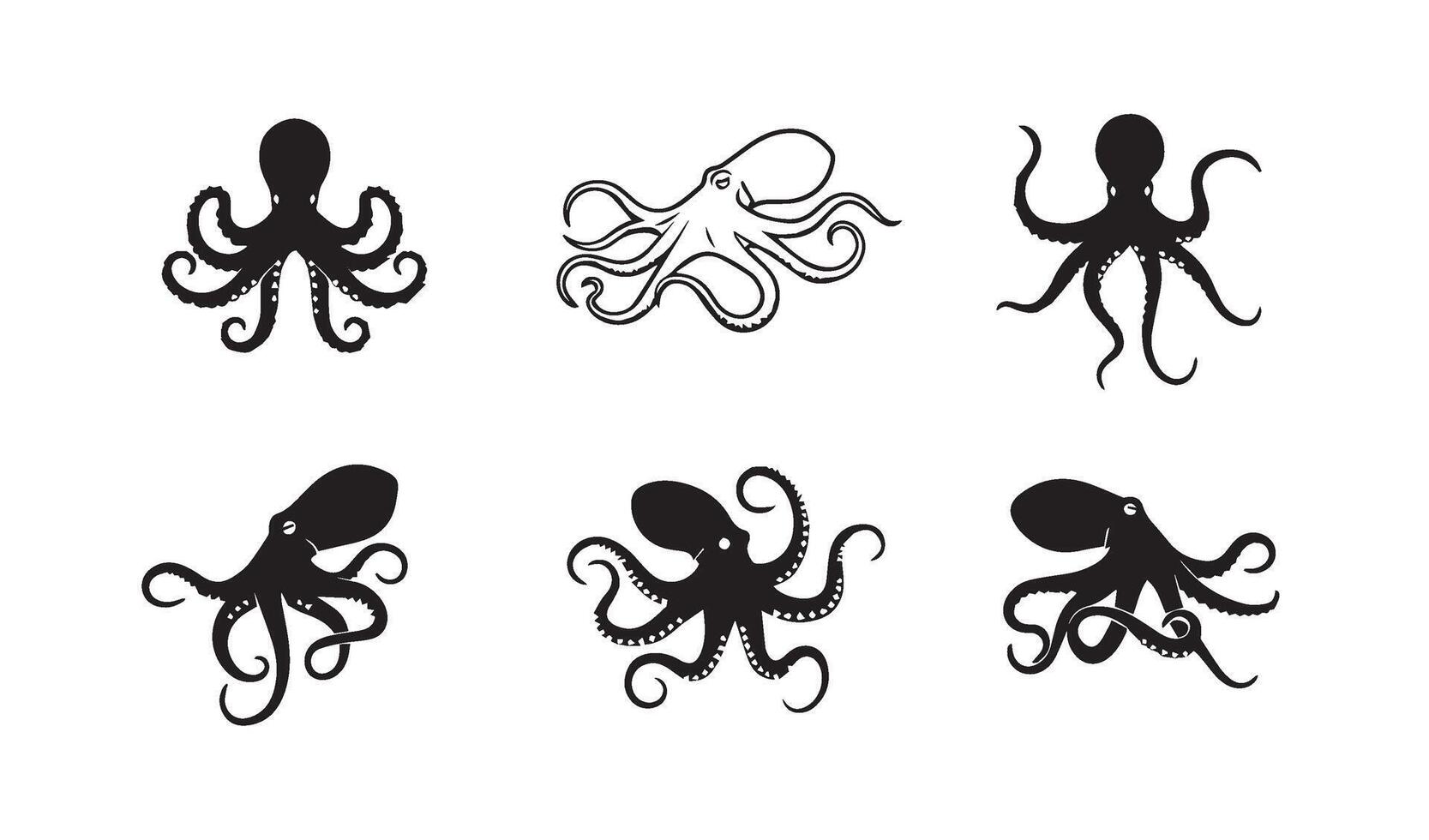 Dramatic octopus shapes with detailed tentacle patterns for creative graphics vector