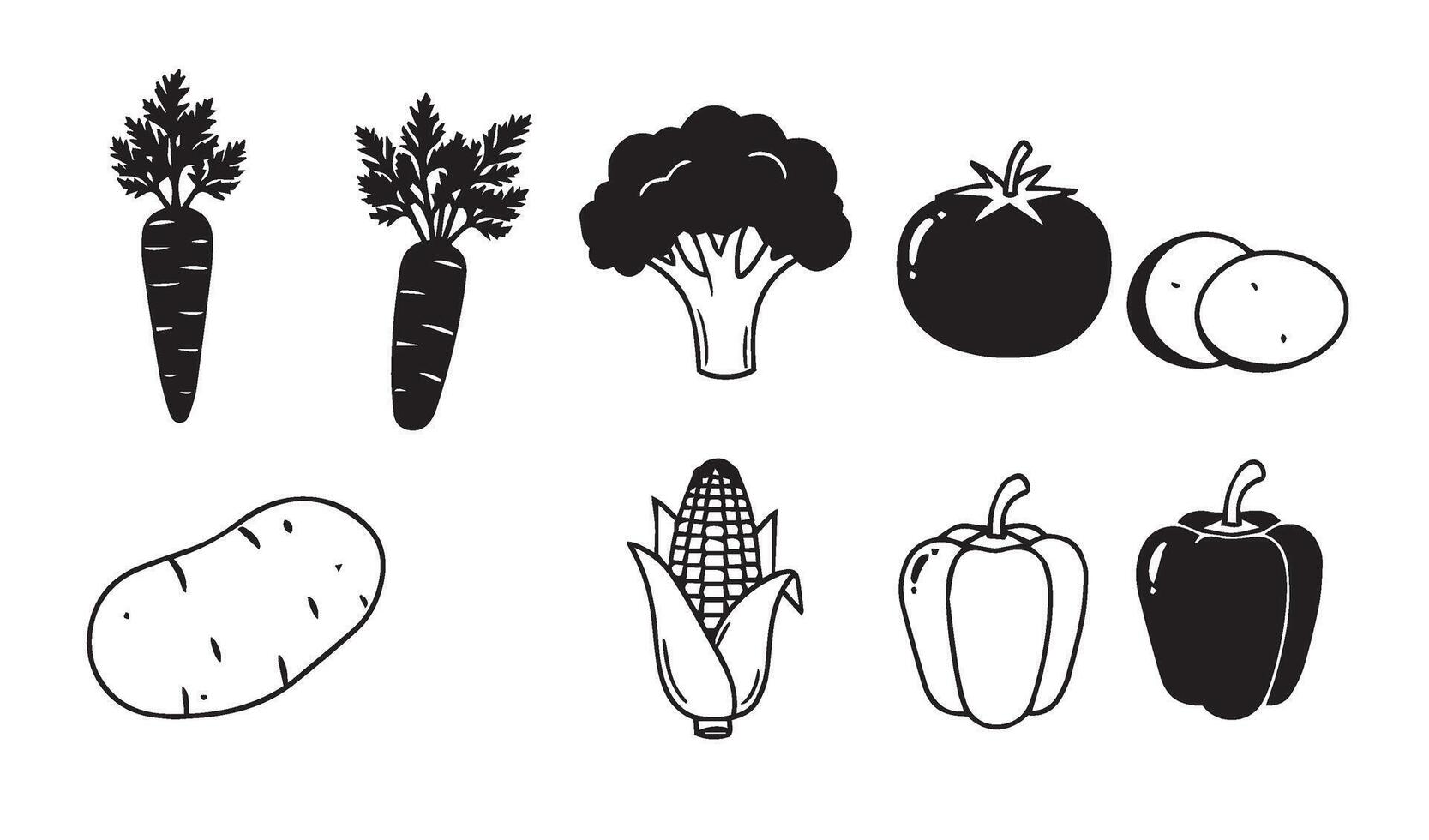 Versatile vegetables illustration collection featuring intricate carrot, broccoli, onion, bell pepper, tomato, and potato designs for graphic projects vector