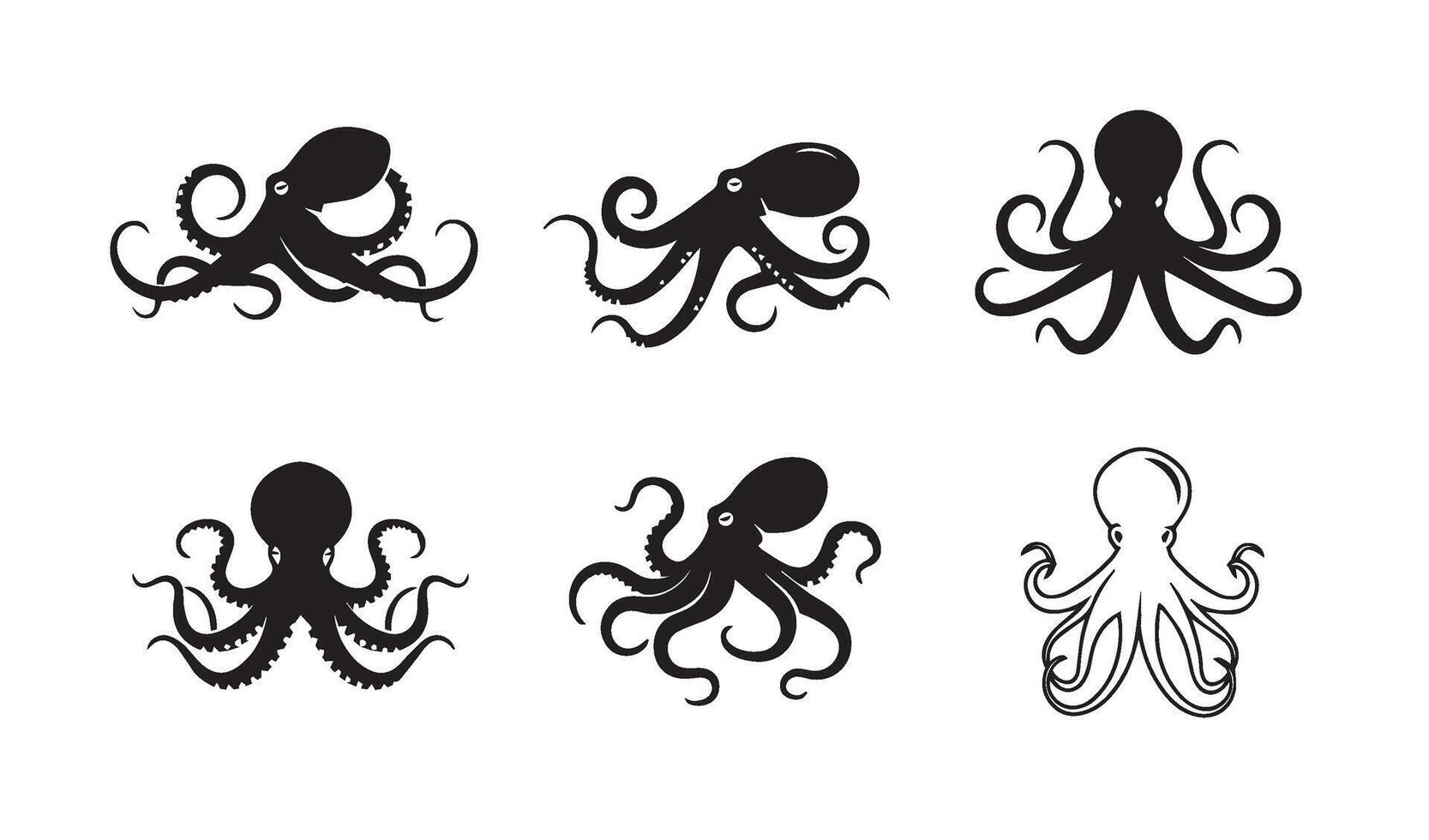 Black octopus designs highlighting smooth curves and intricate tentacle patterns vector