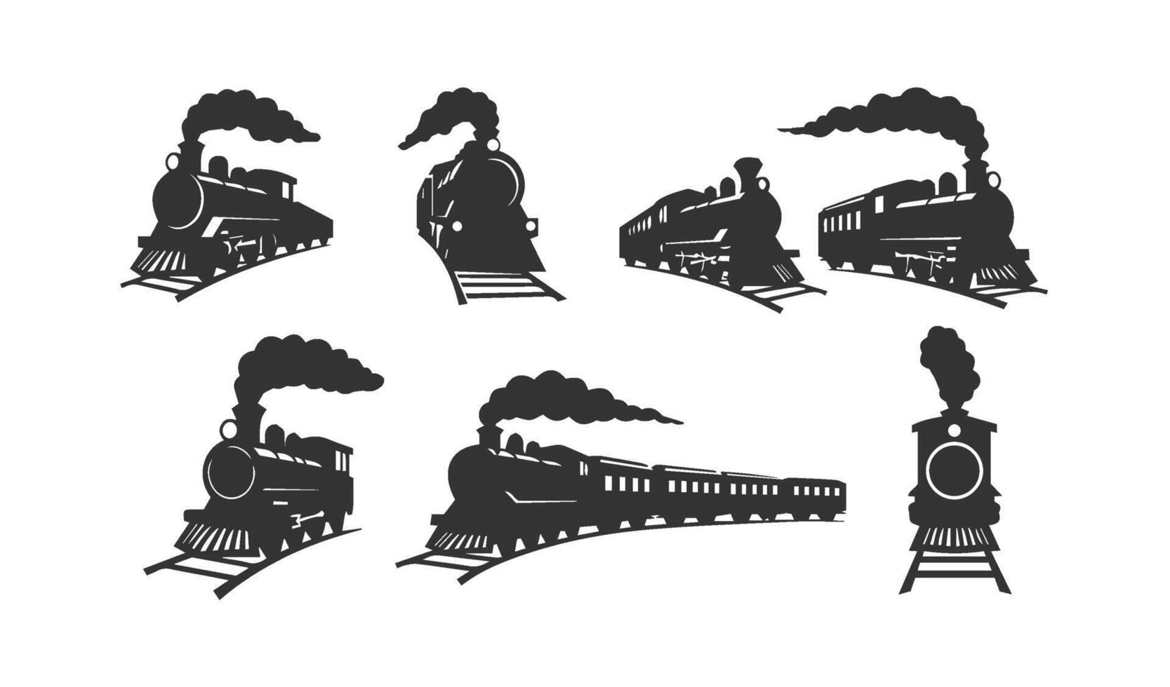 Elegant train design elements with detailed silhouettes capturing the essence of locomotives for artistic use vector