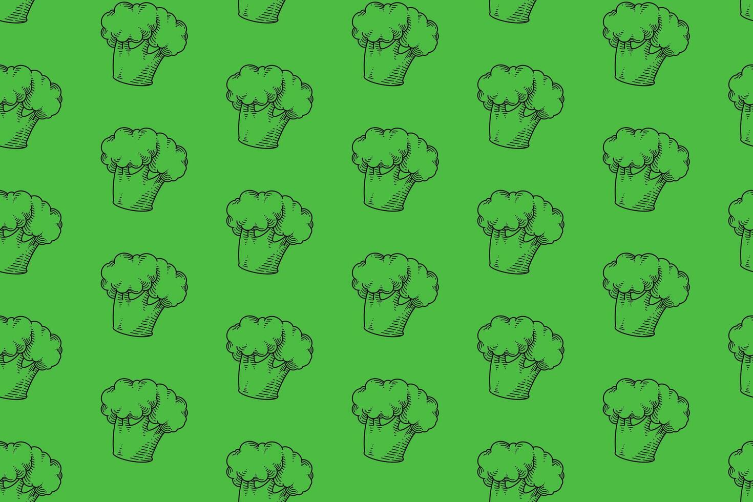 broccoli vegetable doodle seamless pattern on green background. organic broccoli engraving pattern background. retro fresh broccoli background for farmer, agricultural, groceries, vegan vector