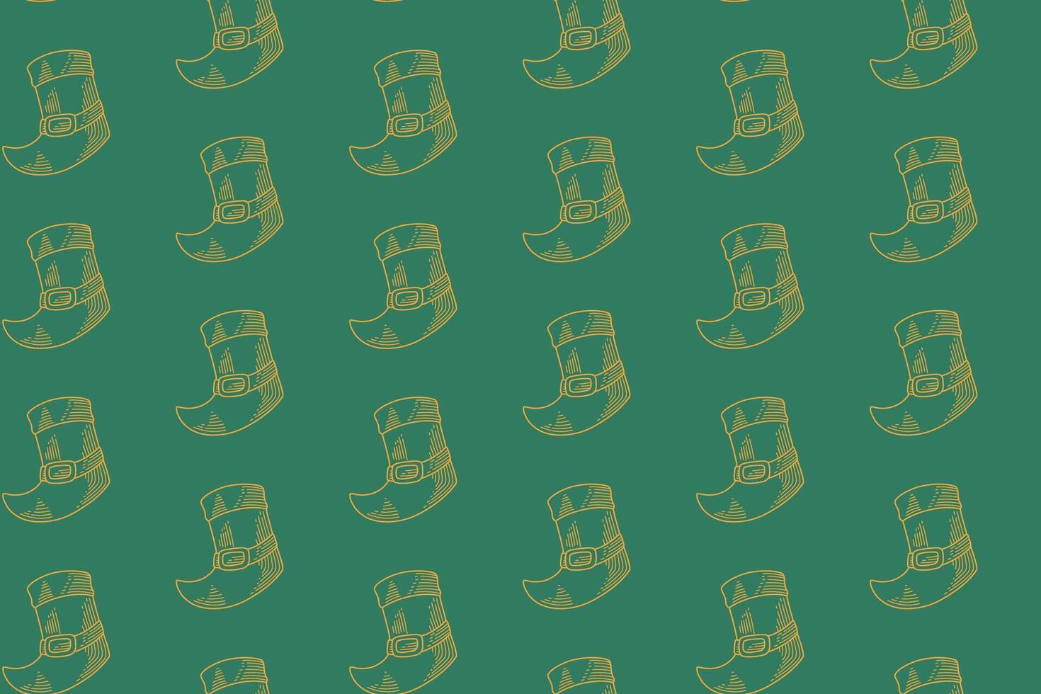 patrick boot doodle seamless pattern on green background. leprechaun boot engraving pattern background. retro patrick shoes background for saint patrick's day merchandise vector