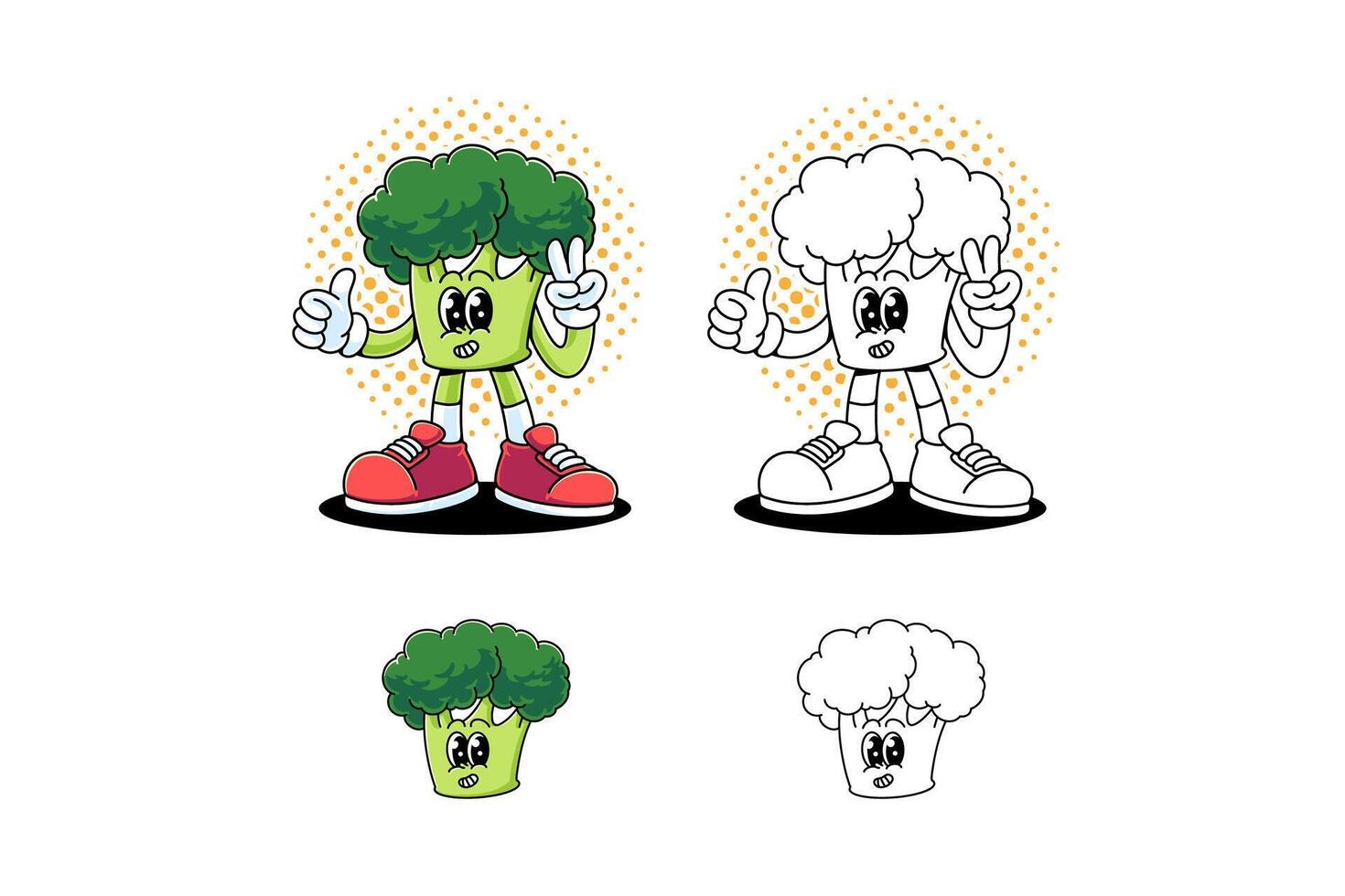 broccoli vegetable retro cartoon character mascot illustration with standing pose and showing peace and thumb up hands for market, farmer, agriculture, restaurant mascots and merchandise vector