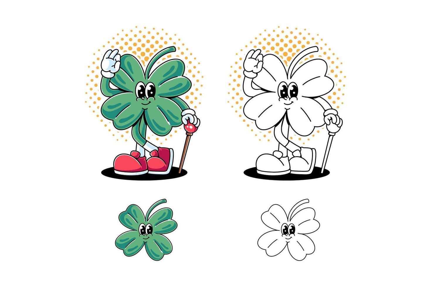 green clover leaf, shamrock retro cartoon character mascot illustration with standing pose, holding stick and showing ok hand for lucky saint patrick's day mascots and merchandise vector