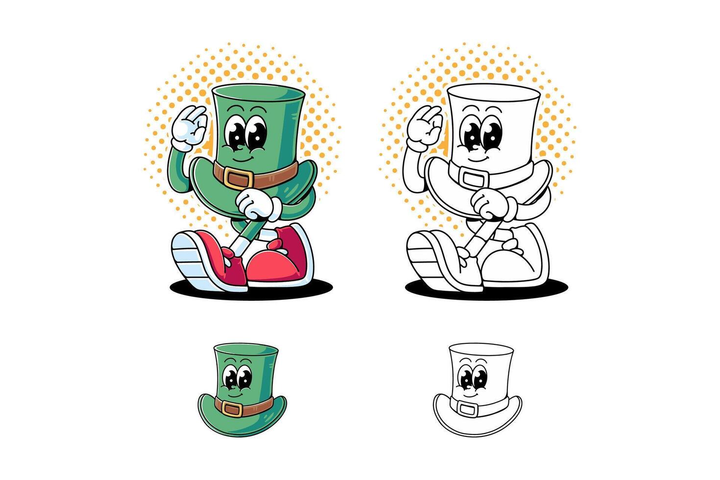 leprechaun green trilby top hat retro cartoon character mascot illustration with walking pose and showing ok hand for lucky saint patrick's day mascots and merchandise vector