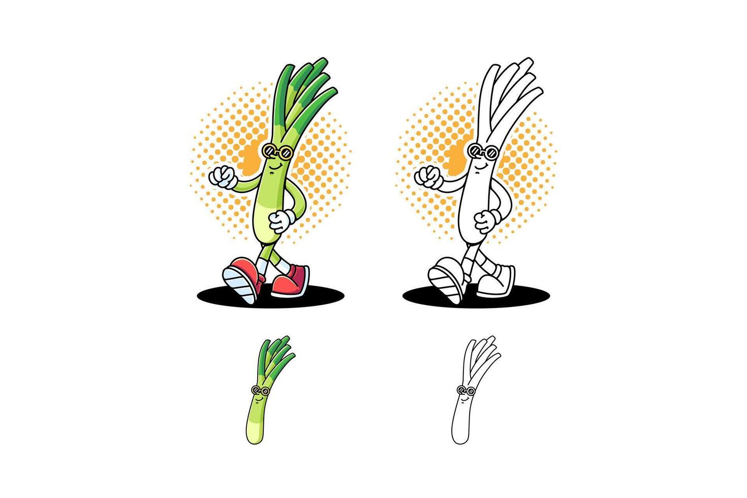 leek vegetable retro cartoon character mascot illustration with walking pose, wearing glasses and cheerful face for market, farmer, agriculture, restaurant mascots and merchandise vector
