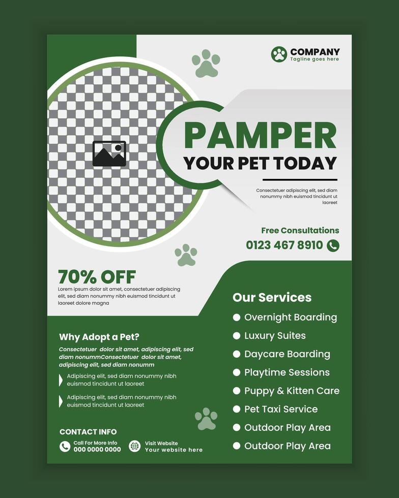 Pet pamper poster and flyer design or Pet care, adopt business a4sized flyer template vector