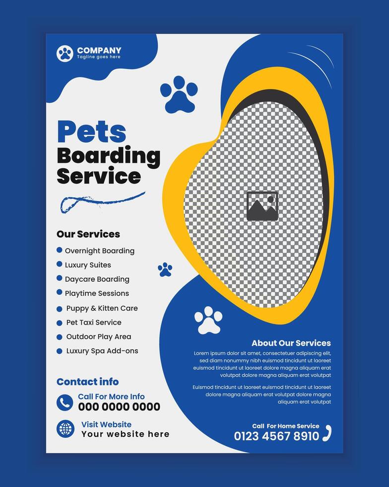 Pet boarding service poster and flyer design or Pets related business a4 size flyer template vector