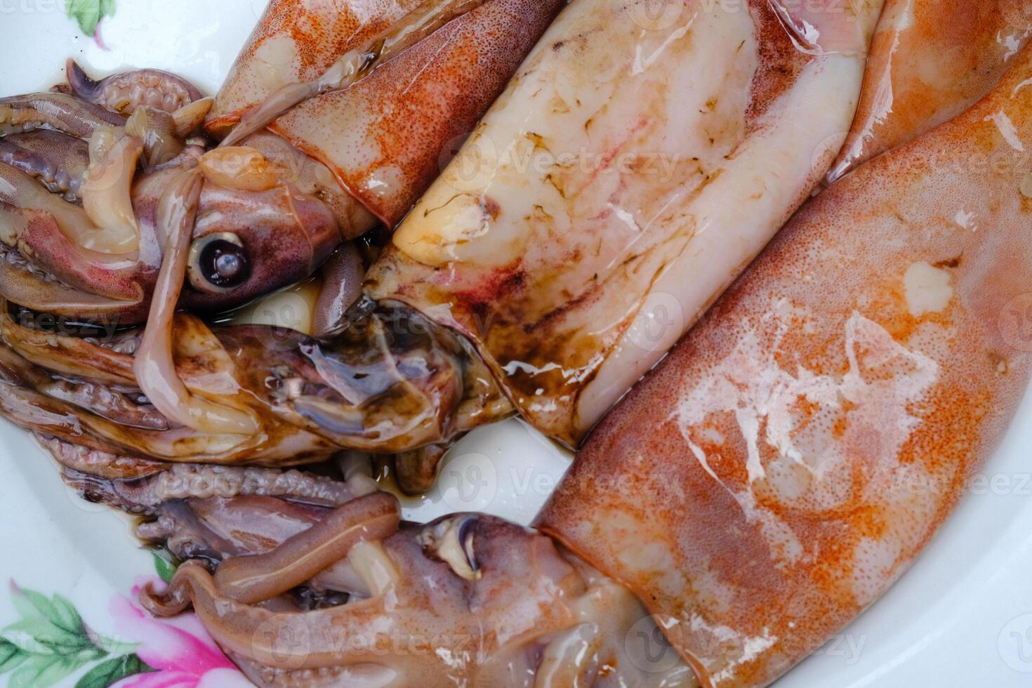 Three fresh squid. Raw seafood is placed on a white plate to be cleaned and skinned. Raw squid. Ingredients for cooking. Seafood dishes and cuisine. Graphic resources. Copy space photo