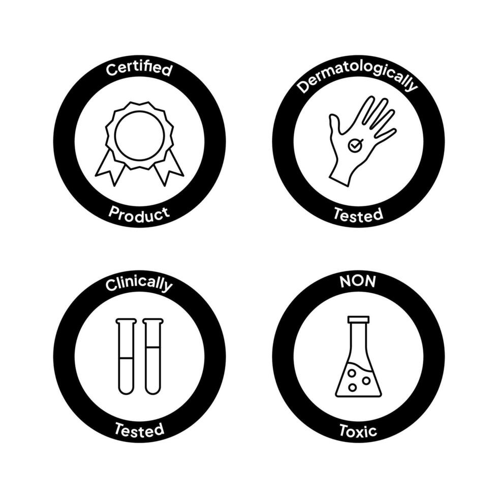 Black and white circular icons. Certified, dermatologically tested, clinically tested, and non toxic products. vector
