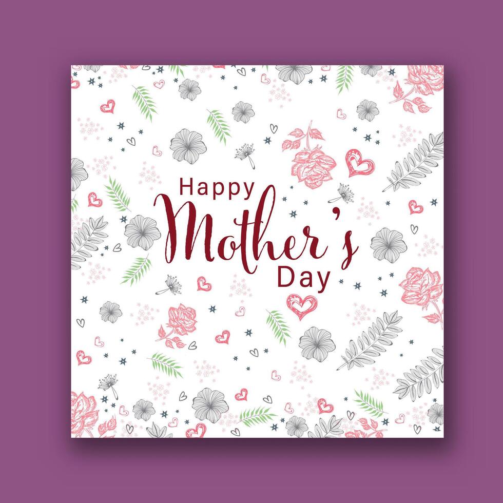 Happy Mothers Day Card with Flower Leaves and Hearts Background. vector