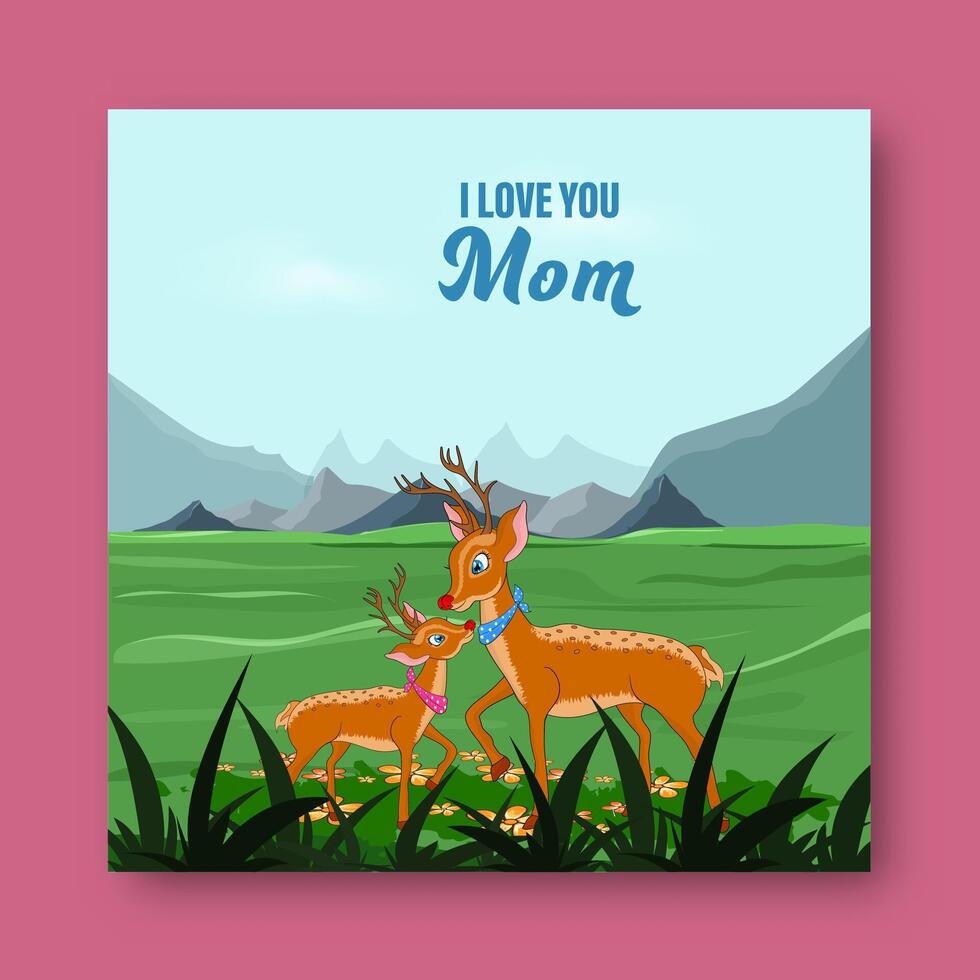 Happy Mothers Day Post with Cartoon Reindeer Mother and Her Child at Forest View Illustration. vector